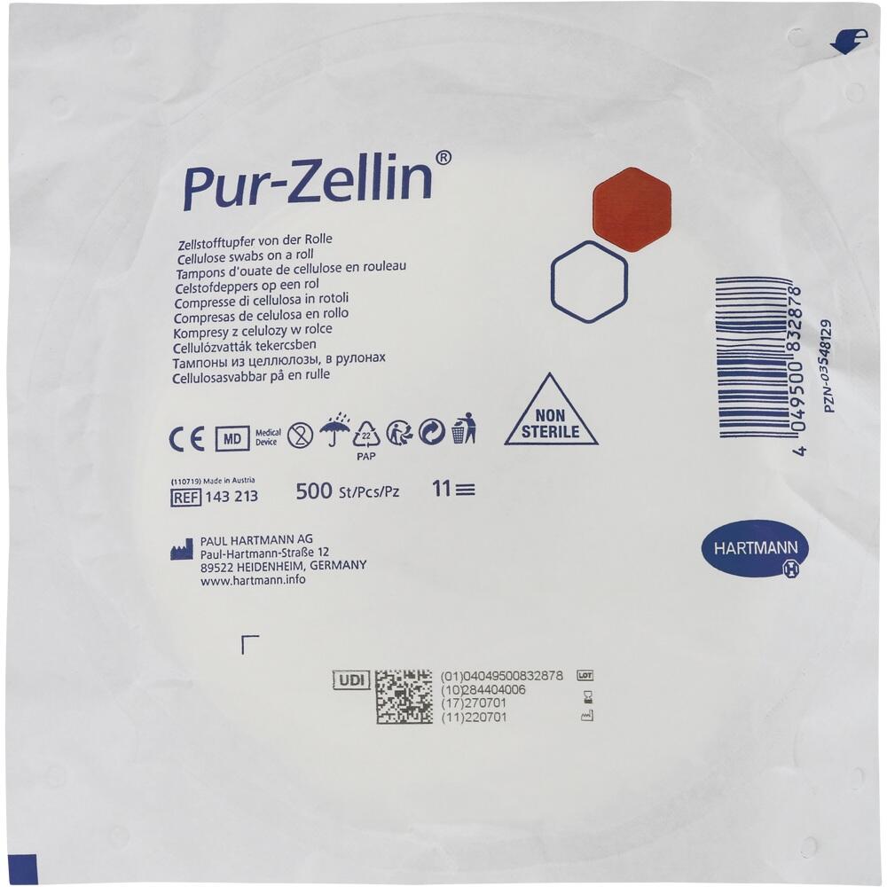 Verpackung von Zellstofftupfern mit Text und Symbolen.