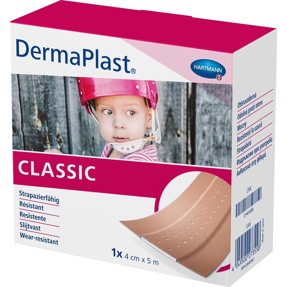 Kleine Schachtel mit Bild eines Kindes und Pflaster der Marke DermaPlast.