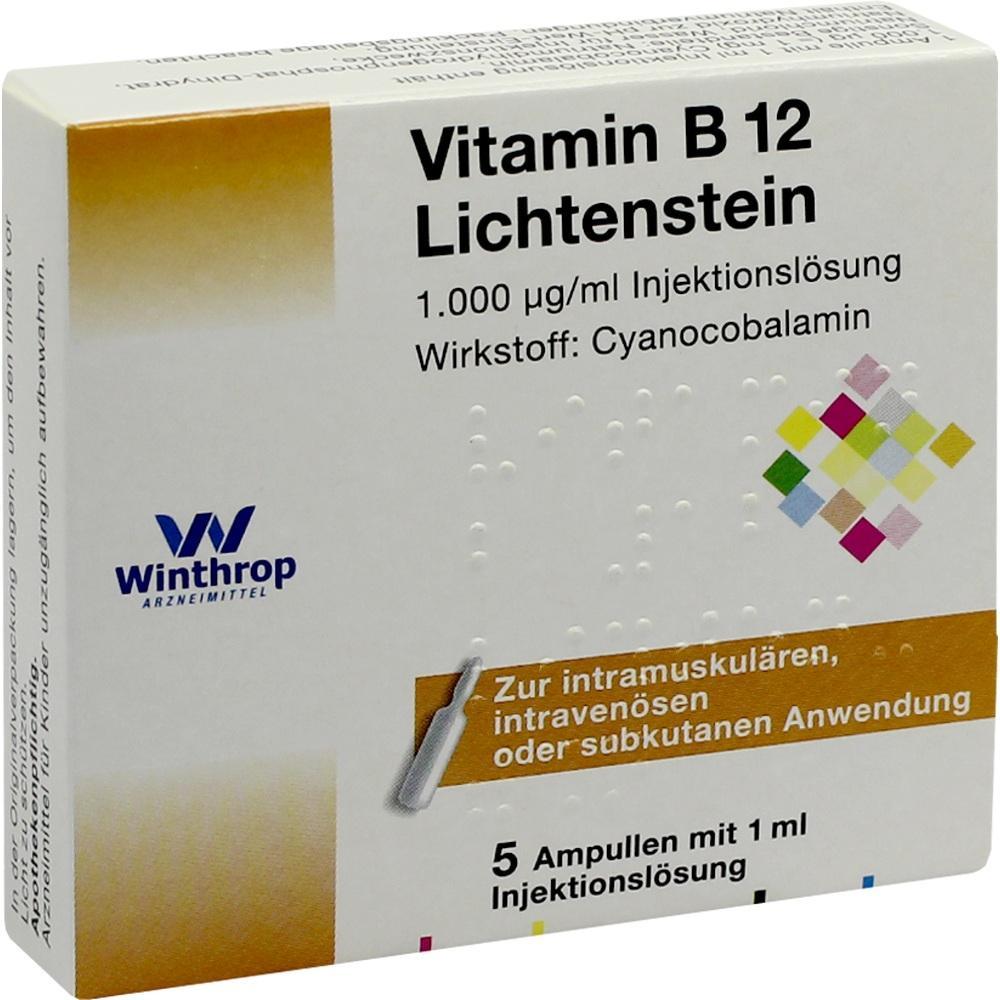 Packung Vitamin B12 Injektionsl&ouml;sung f&uuml;r intramuskul&auml;re, intraven&ouml;se oder subkutane Anwendung.