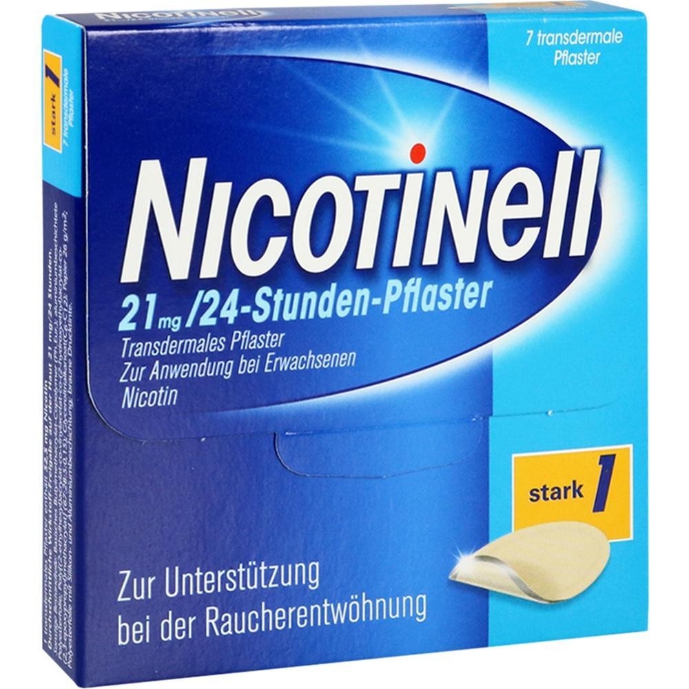 Eine blaue Packung Nikotinpflaster zur Raucherentw&ouml;hnung mit 21 mg Nikotin.