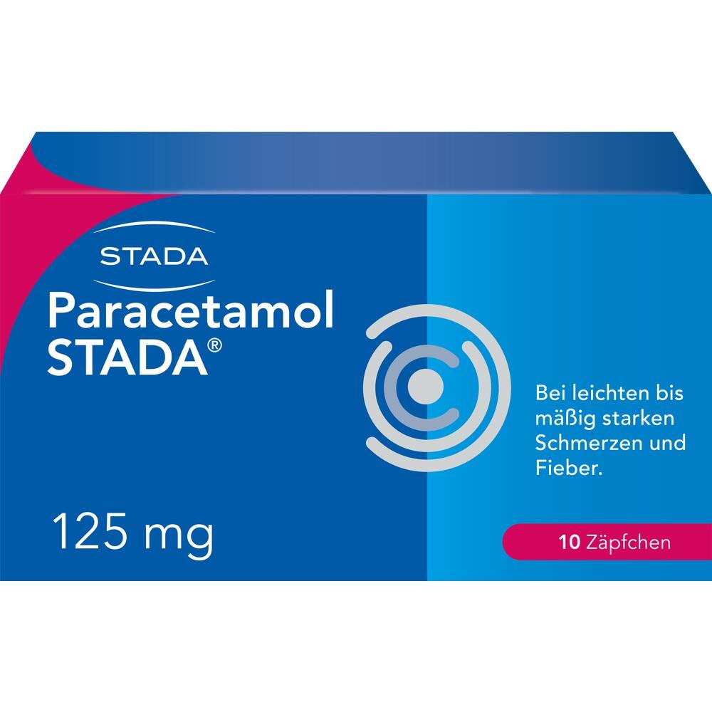 Packung von Paracetamol 125 mg Z&auml;pfchen f&uuml;r leichte bis m&auml;&szlig;ige Schmerzen und Fieber.