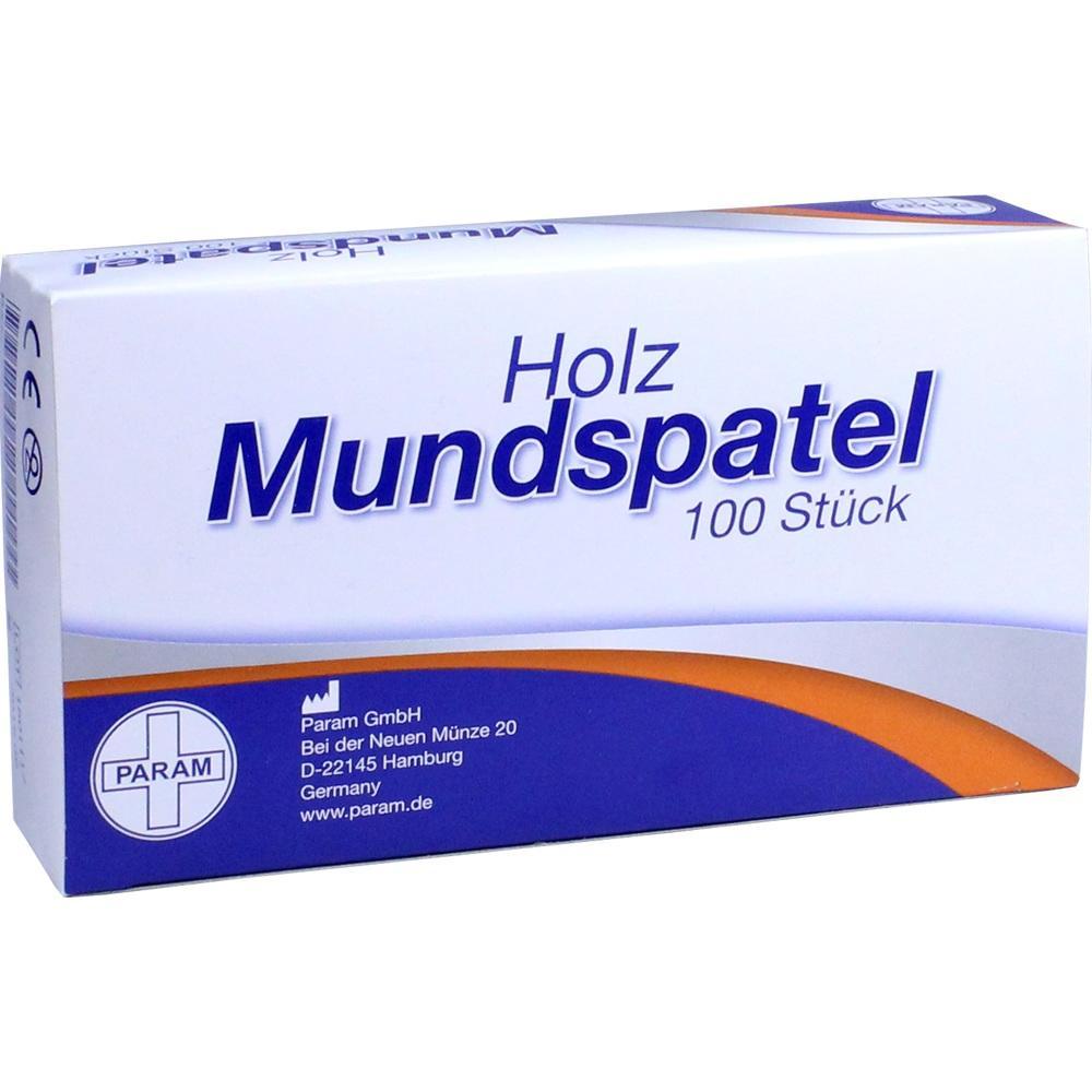 Wei&szlig;e Verpackung mit der Aufschrift "Holz Mundspatel 100 St&uuml;ck".