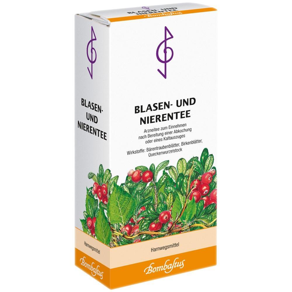 Eine Packung Blasen- und Nierentee mit Pflanzenabbildung auf der Vorderseite.
