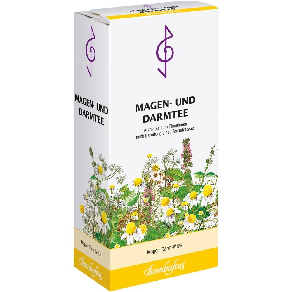 Eine Packung Magen- und Darmtee mit Blumenillustration.