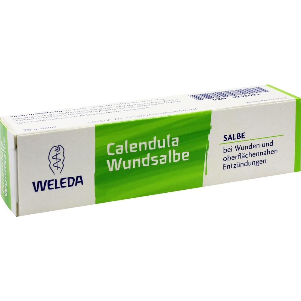 Eine gr&uuml;ne Packung der Weleda Calendula Wundsalbe gegen oberfl&auml;chliche Entz&uuml;ndungen.