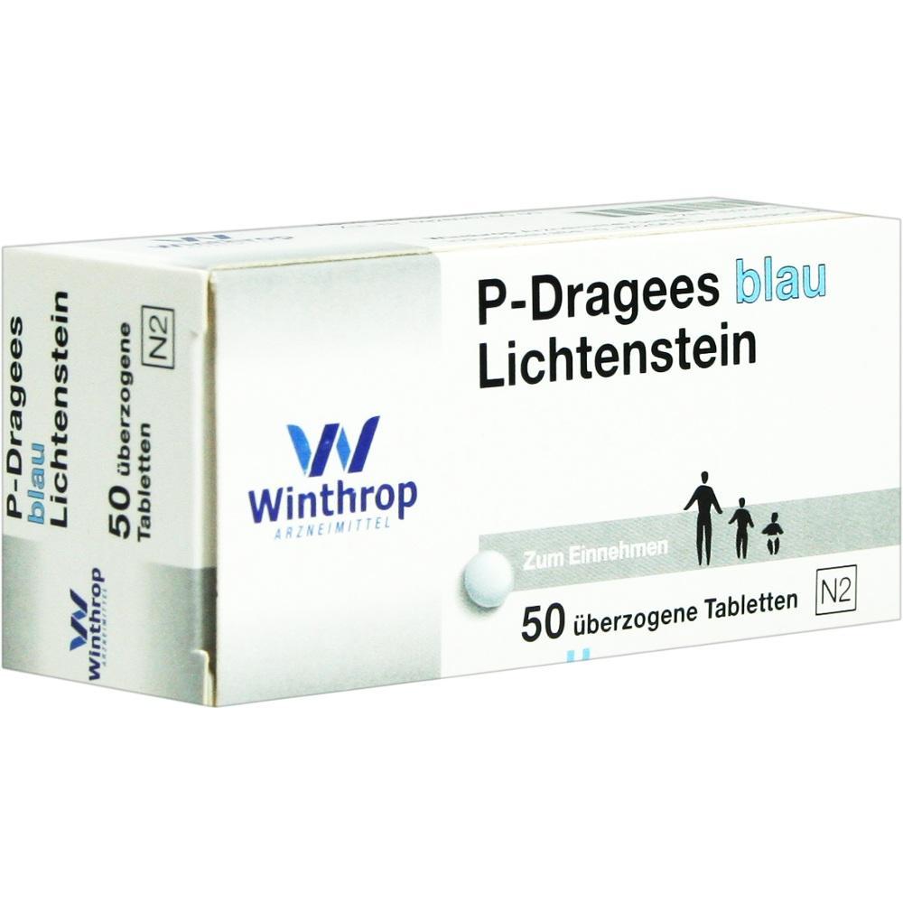Wei&szlig;e Medikamentenschachtel mit der Aufschrift "P-Dragees blau Lichtenstein".