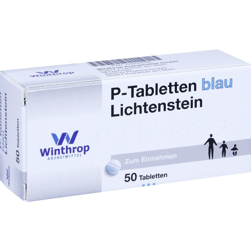 Eine Schachtel mit 50 blauen P-Tabletten der Marke Winthrop zum Einnehmen.