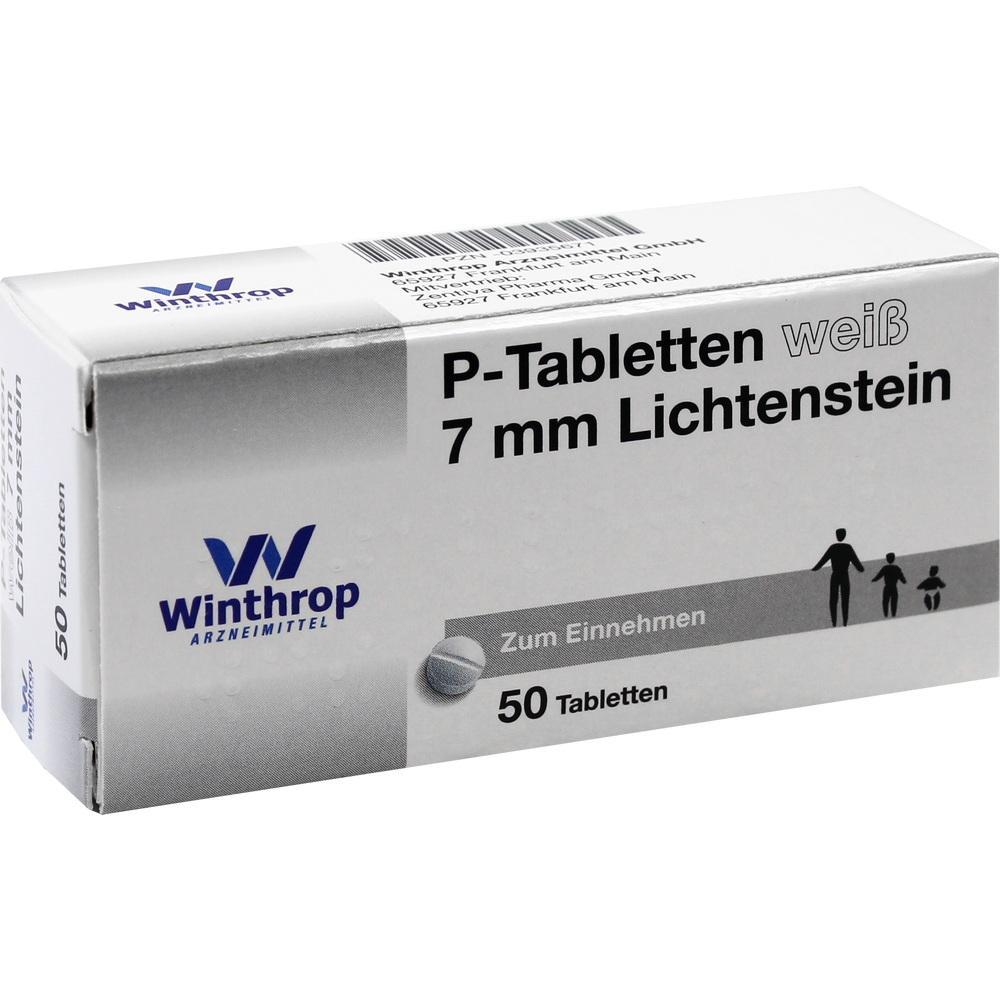 Eine wei&szlig;e Medikamentenverpackung mit der Aufschrift "P-Tabletten wei&szlig; 7 mm Lichtenstein".