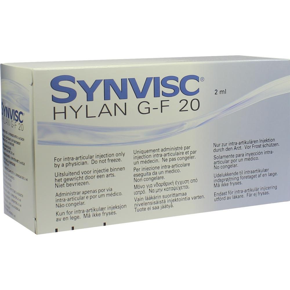 Die Verpackung zeigt "Synvisc Hylan G-F 20", ein medizinisches Injektionsprodukt.