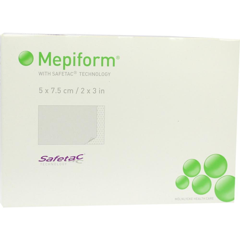 Wei&szlig;e Verpackung von Mepiform mit gr&uuml;nen Kreisen und Produktinformationen.