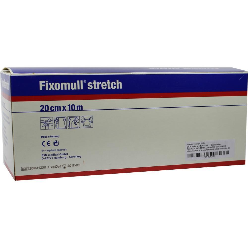 Eine Packung Fixomull Stretch, 20 cm x 10 m, mit blauem und rotem Aufdruck.