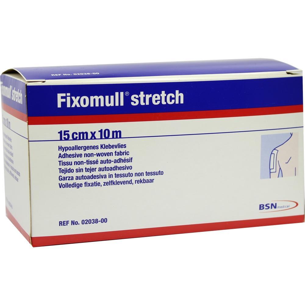 Eine Verpackung von "Fixomull stretch" Klebevlies in Blau, Wei&szlig; und Rot.