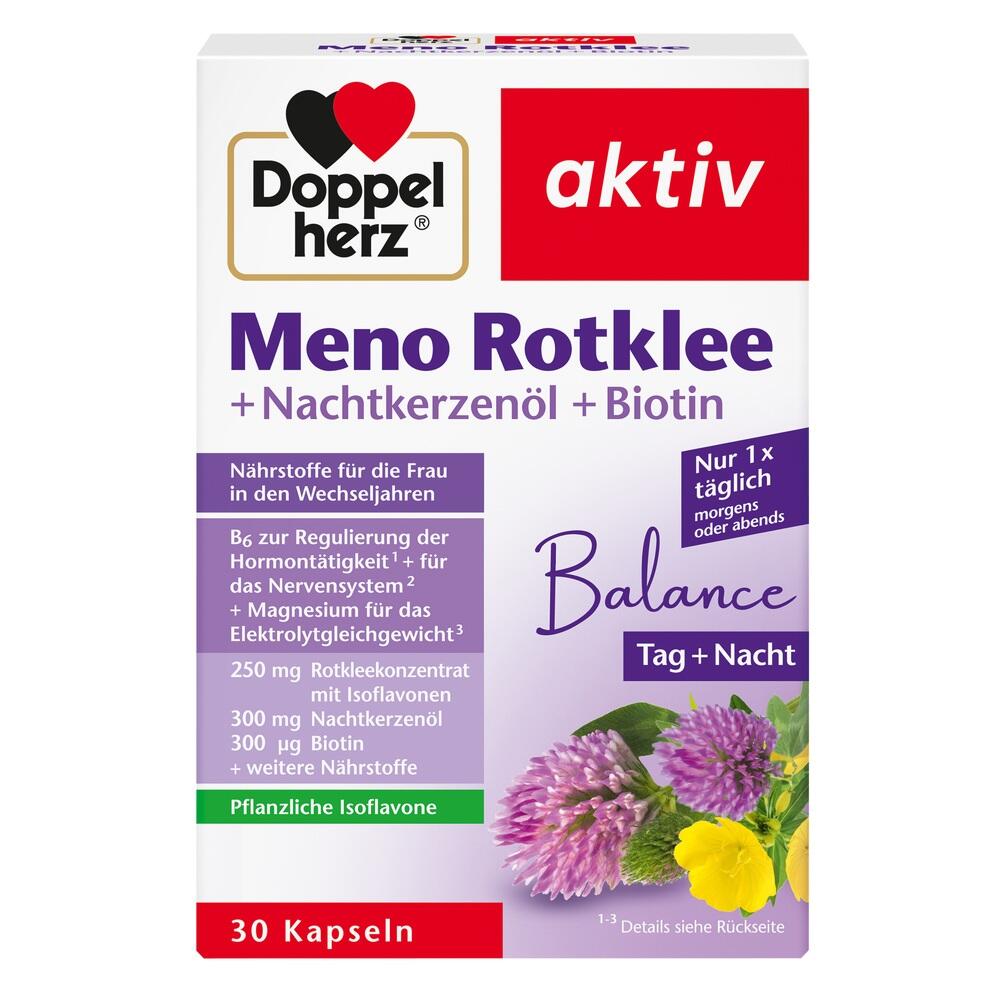 Packung von Nahrungserg&auml;nzungsmitteln f&uuml;r Frauen in den Wechseljahren mit Rotklee und Nachtkerzen&ouml;l.