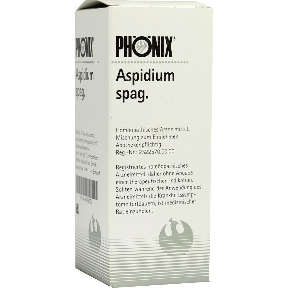 Wei&szlig;e Schachtel mit der Aufschrift "PH&Ouml;NIX Aspidium spag.", einem hom&ouml;opathischen Mittel.