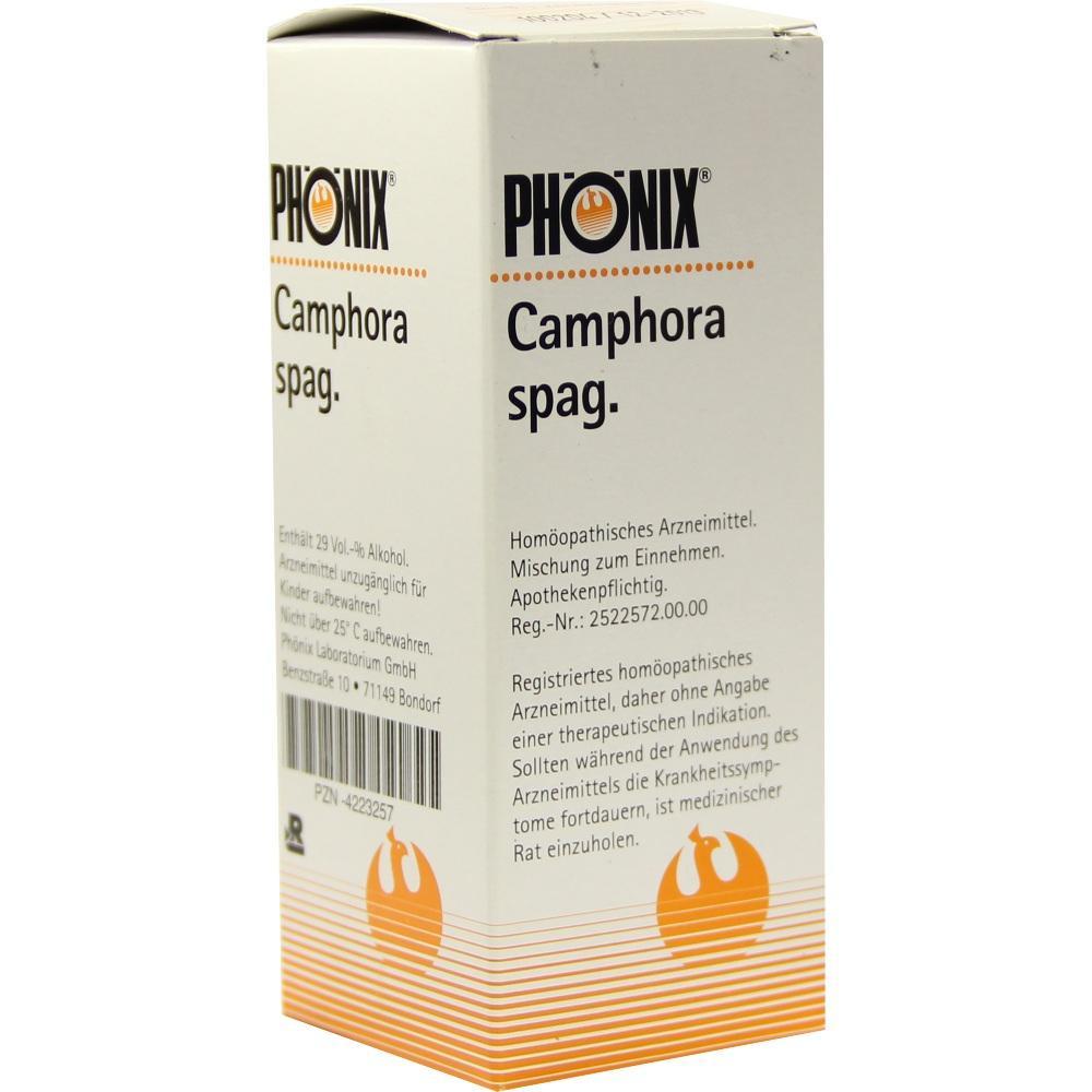 Eine wei&szlig;e Verpackung mit der Aufschrift "Ph&ouml;nix Camphora spag." und hom&ouml;opathischen Infos.