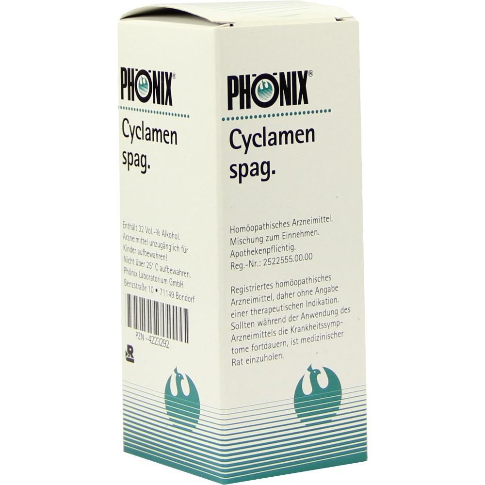 Eine wei&szlig;e Medikamentenschachtel mit der Aufschrift "PH&Ouml;NIX Cyclamen spag.".