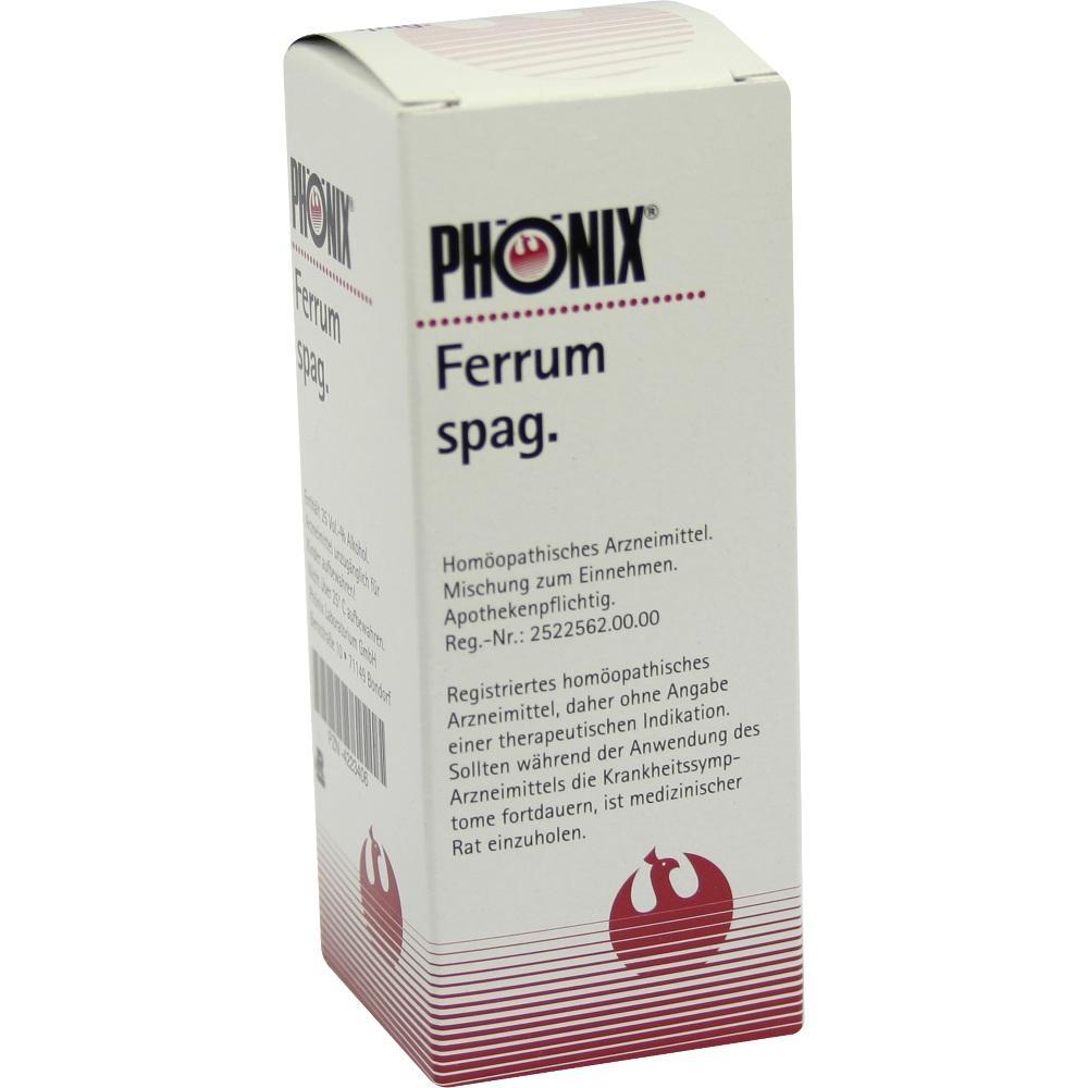 Wei&szlig;e Verpackung mit der Aufschrift "PH&Ouml;NIX Ferrum spag.", ein hom&ouml;opathisches Arzneimittel.