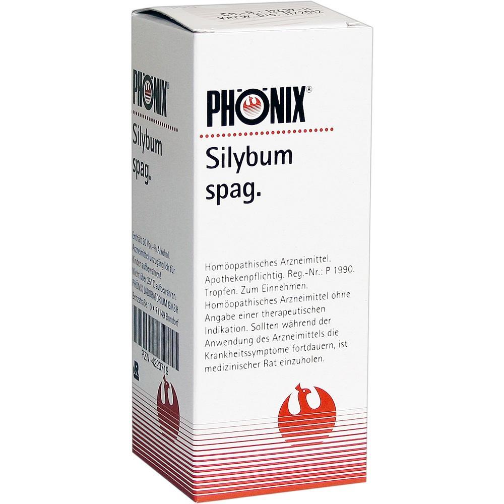 Wei&szlig;e Verpackung mit der Aufschrift "PH&Ouml;NIX Silybum spag.", ein hom&ouml;opathisches Arzneimittel.