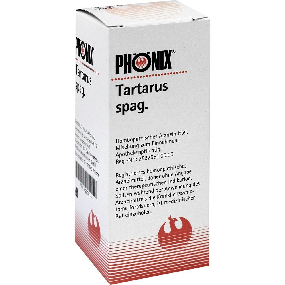 Wei&szlig;e Verpackung eines hom&ouml;opathischen Arzneimittels namens Tartarus spag. von PH&Ouml;NIX.