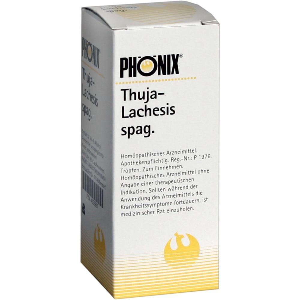 Wei&szlig;e Verpackung mit der Aufschrift "PH&Ouml;NIX Thuja-Lachesis spag.".
