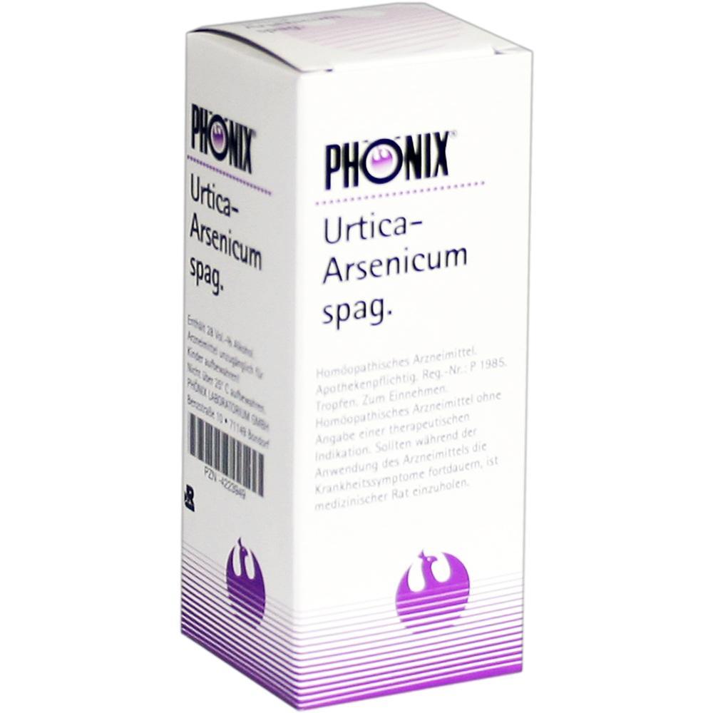 Es ist eine wei&szlig;e Verpackung f&uuml;r hom&ouml;opathische Tropfen namens "Urtica-Arsenicum spag.".