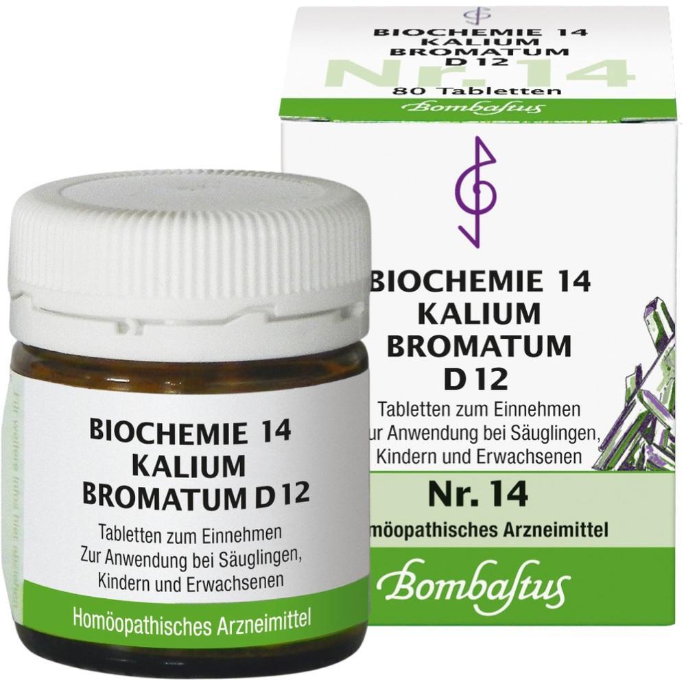 Ein Glas mit Tabletten und eine Packung Biochemie 14 Kalium Bromatum D12.