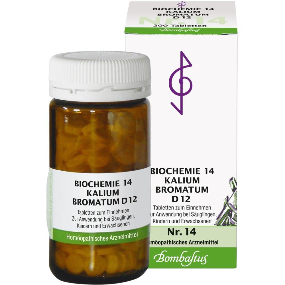 Braune Arzneiflasche und wei&szlig;e Schachtel mit der Aufschrift &bdquo;Biochemie 14 Kalium Bromatum D12&ldquo;.
