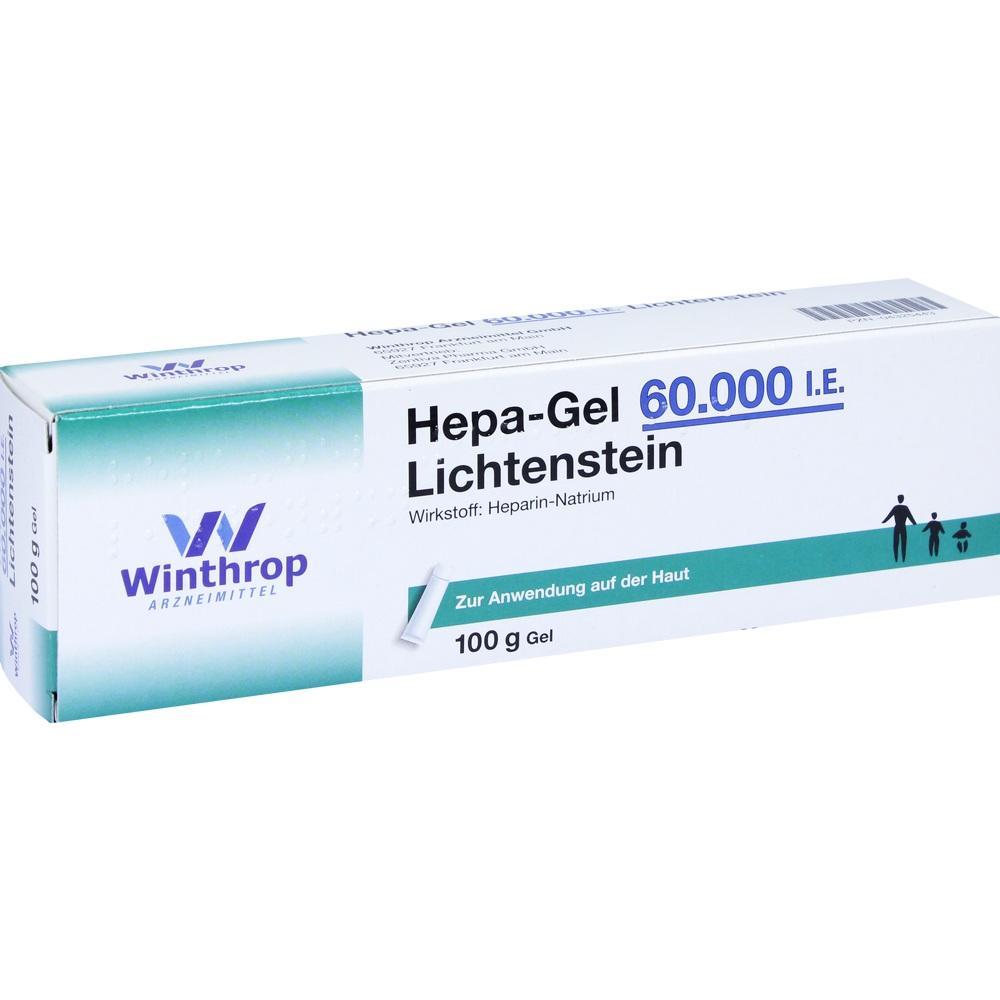 Wei&szlig;e Verpackung mit der Aufschrift "Hepa-Gel 60.000 I.E. Lichtenstein".
