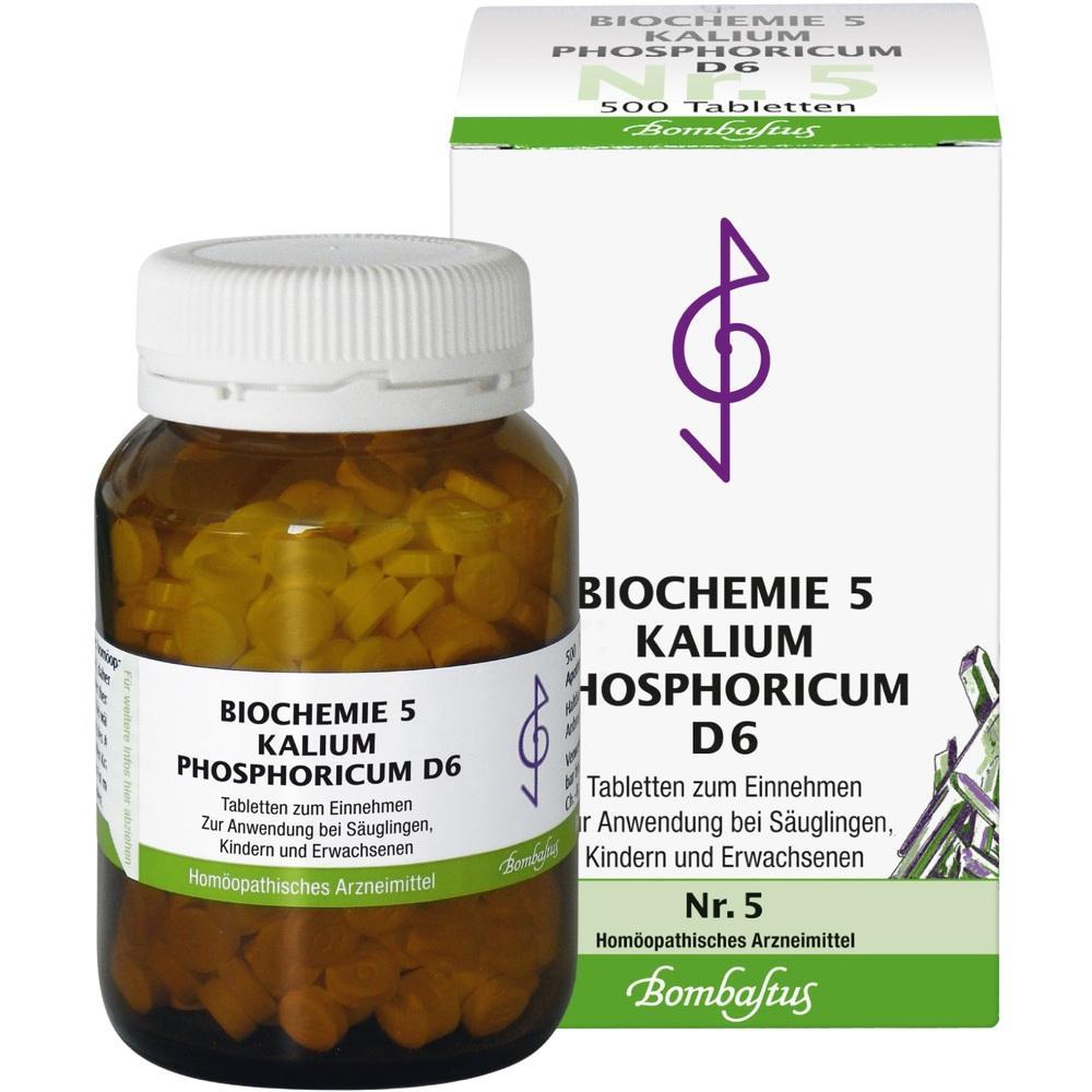Braunes Glas mit Kalium phosphoricum Tabletten vor einem weißen Karton.