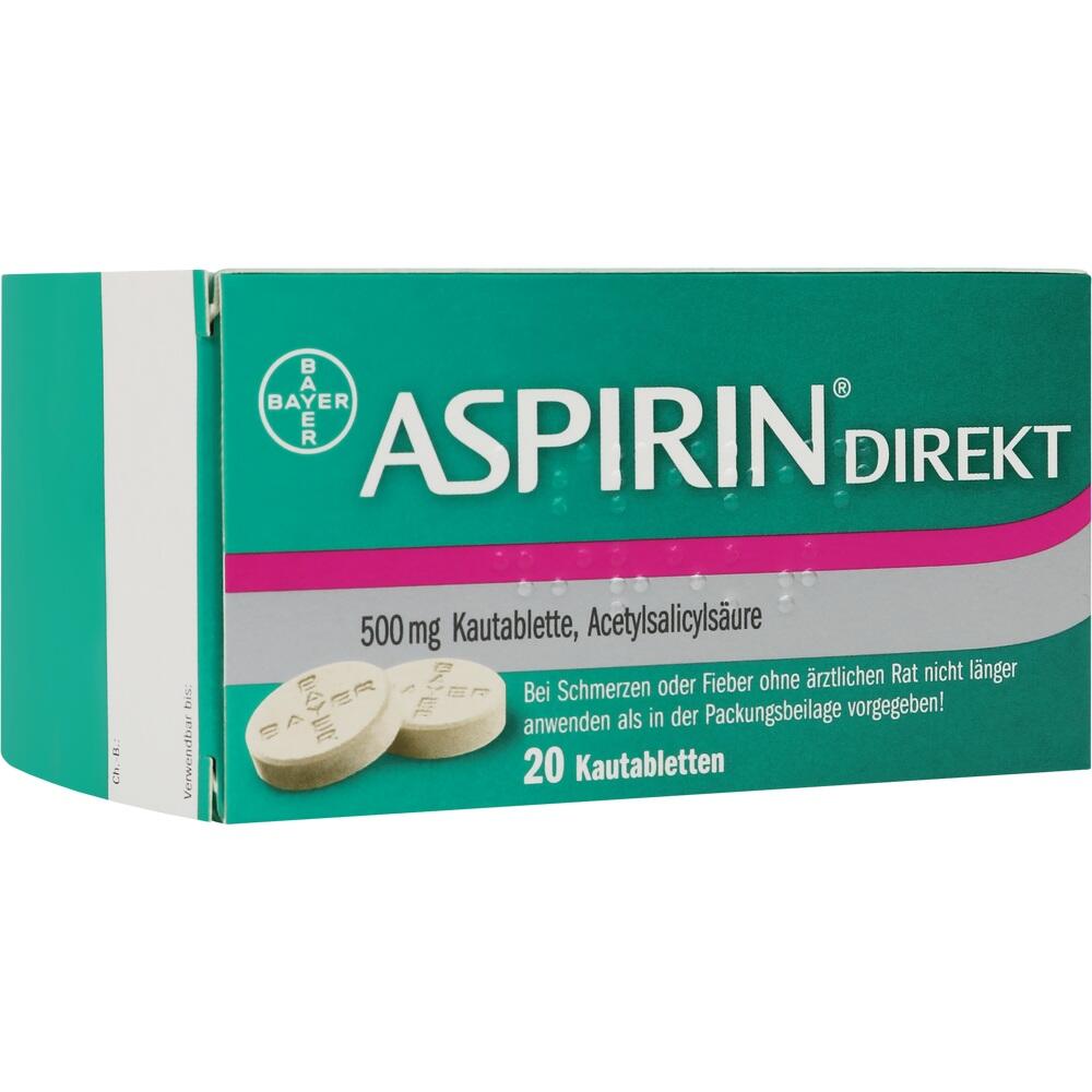 Gr&uuml;ne Packung mit der Aufschrift "Aspirin Direkt", enth&auml;lt 20 Kautabletten.