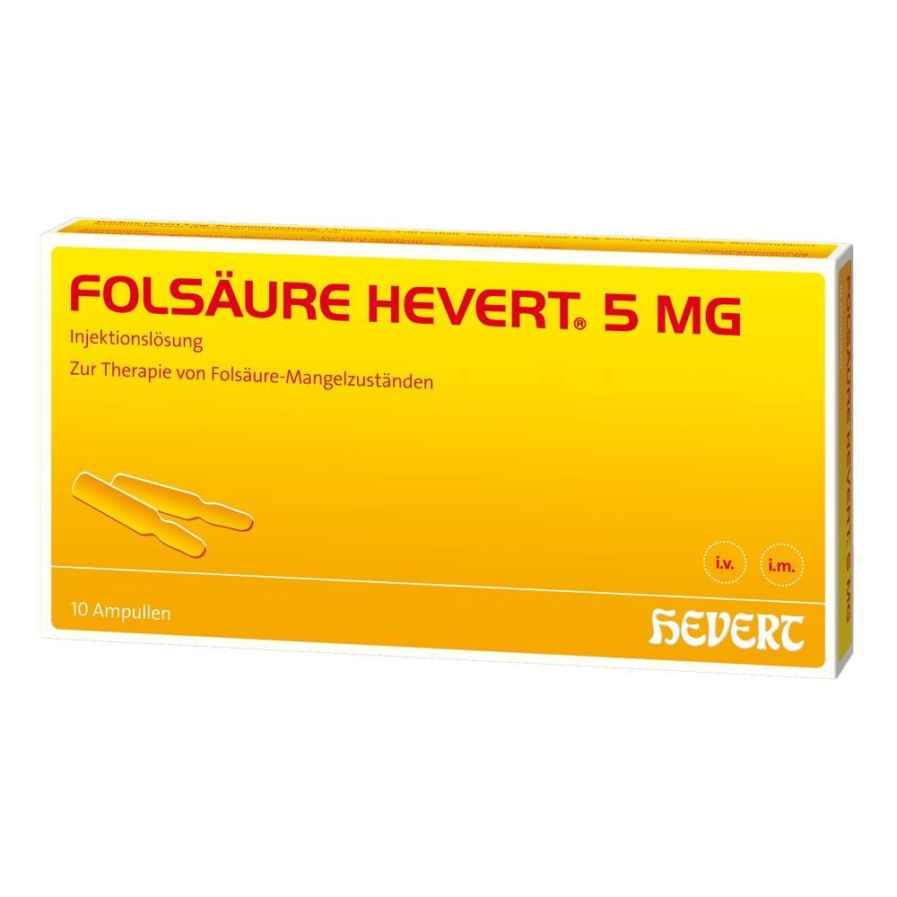 Gelbe Schachtel mit der Aufschrift "Fols&auml;ure Hevert 5 mg, Injektionsl&ouml;sung, 10 Ampullen".