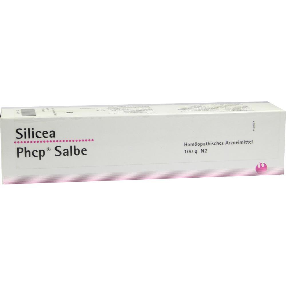 Eine wei&szlig;e Verpackung von Silicea Phcp Salbe mit rosa Details.