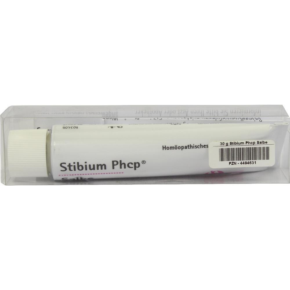 Wei&szlig;e Salbentube namens "Stibium Phcp" in einem durchsichtigen Beh&auml;lter.