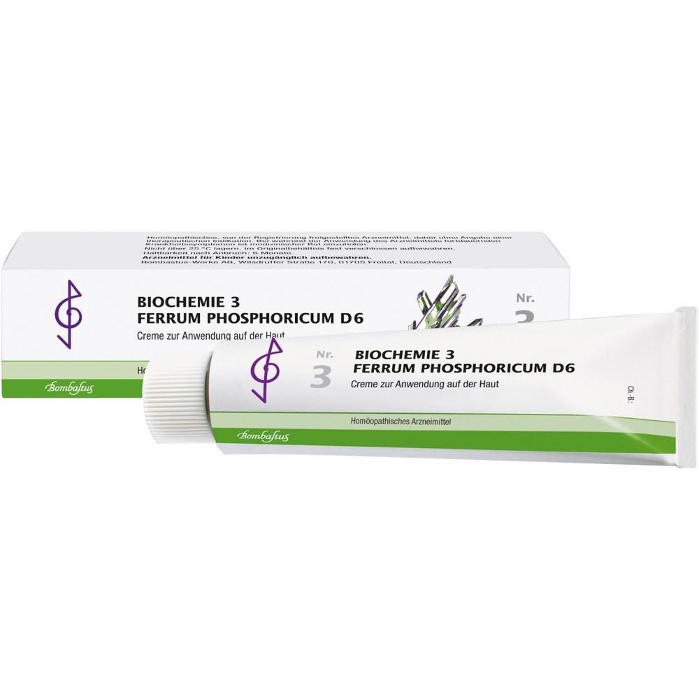 Eine Tube und Schachtel mit der Aufschrift "Biochemie 3 Ferrum Phosphoricum D6".