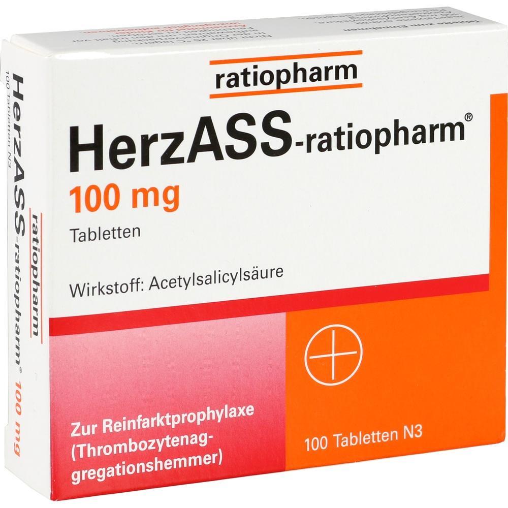 Verpackung von HerzASS-ratiopharm 100 mg Tabletten zur Herzinfarktprophylaxe.