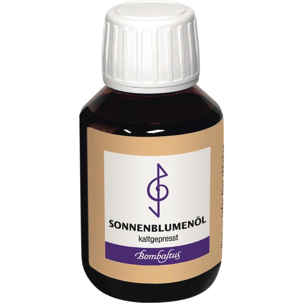 Braune Flasche mit weißem Deckel, etikettiert als kaltgepresstes Sonnenblumenöl.