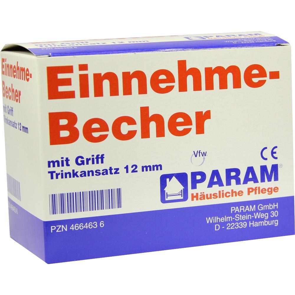 Verpackung mit der Aufschrift "Einnahme-Becher" f&uuml;r h&auml;usliche Pflege weist auf Becher mit Griff hin.