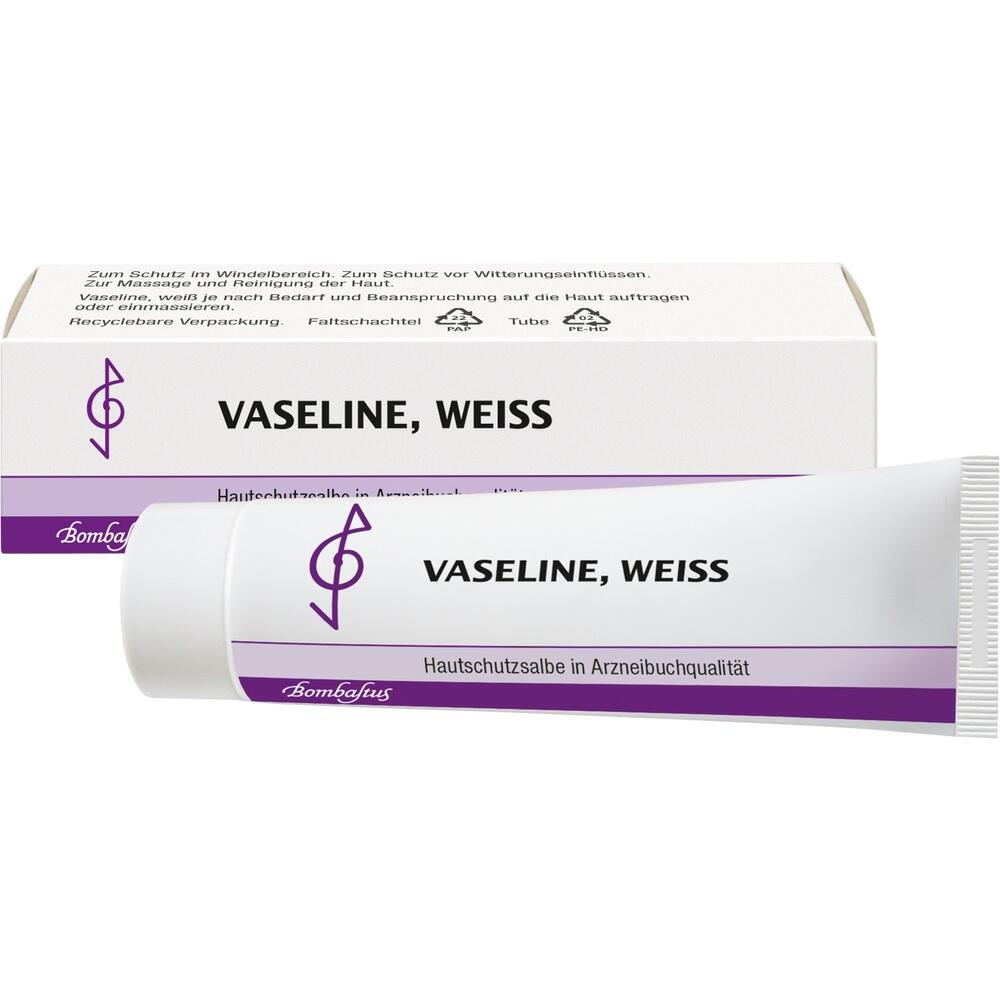 Wei&szlig;e Vaseline-Tube und Verpackung mit Aufschrift "Vaseline, Wei&szlig;".