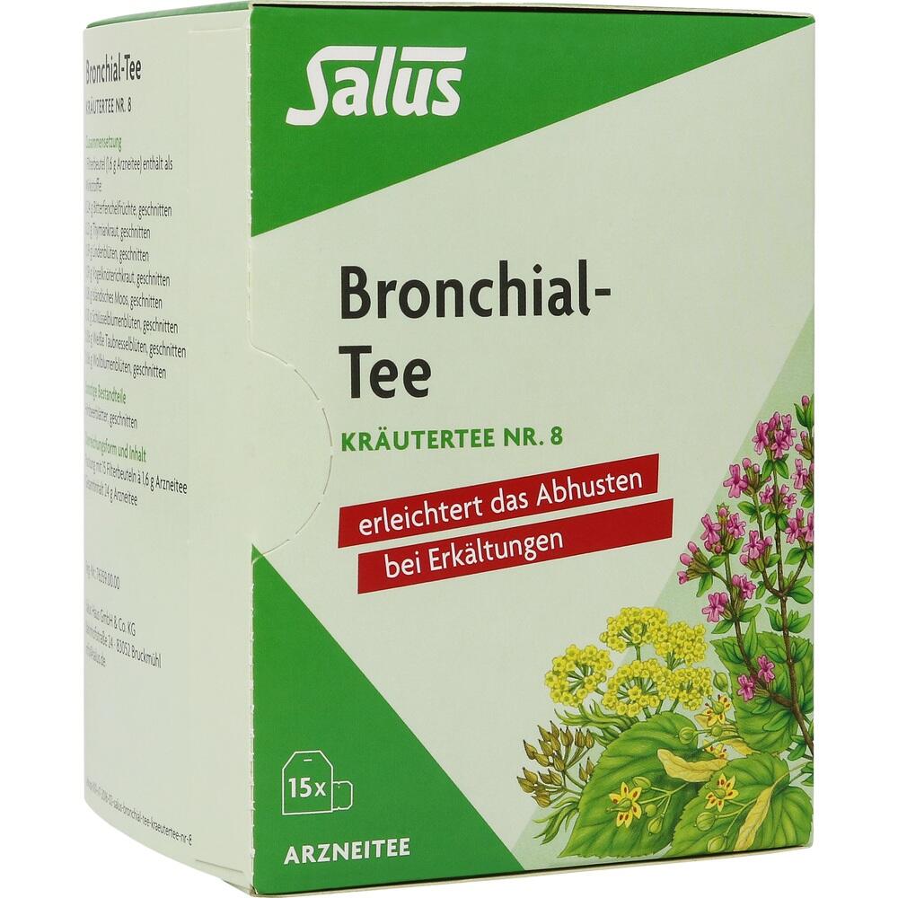 Gr&uuml;ne Teepackung mit Bl&uuml;ten, die Bronchial-Tee gegen Erk&auml;ltungshusten enth&auml;lt.