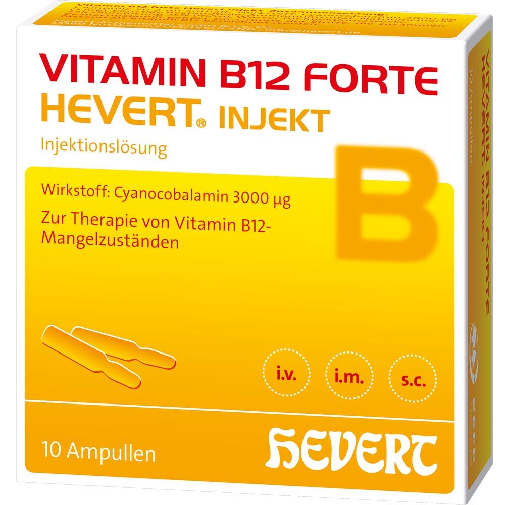 Gelbe Packung von Vitamin B12 Forte Injektion mit 10 Ampullen.