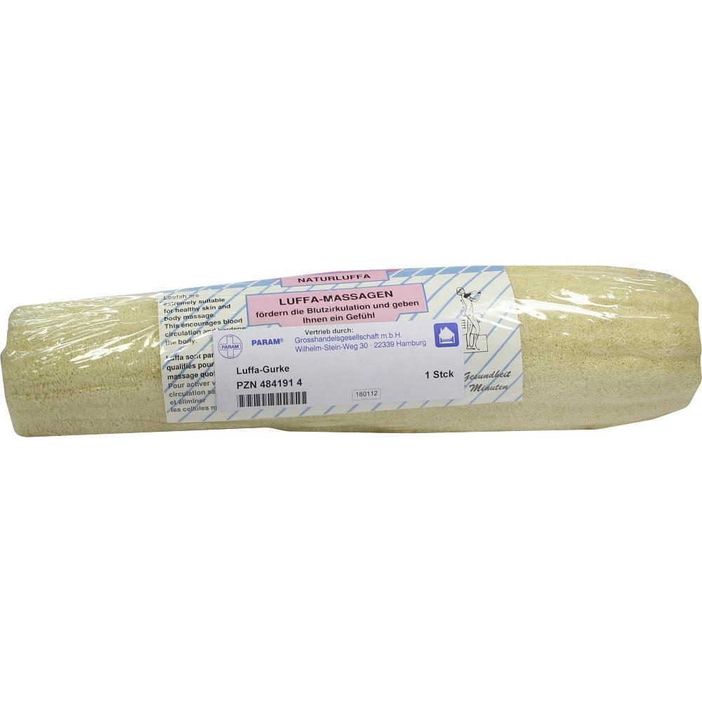 Eine verpackte Luffa-Gurke mit einem Etikett zur Hautmassage.
