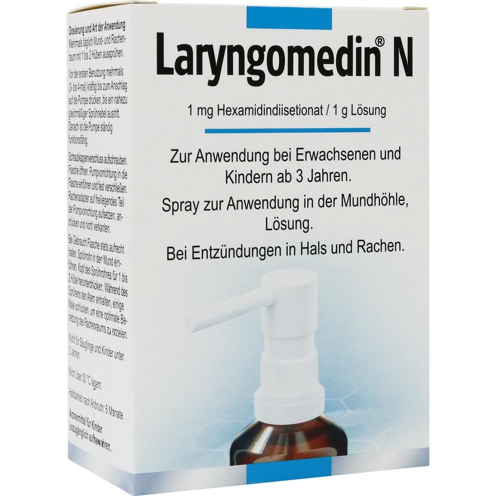 Eine wei&szlig;e Verpackung des Sprays Laryngomedin N zur Anwendung im Mund.
