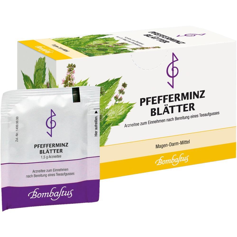 Pfefferminztee-Packung mit einem Beutel im Vordergrund.