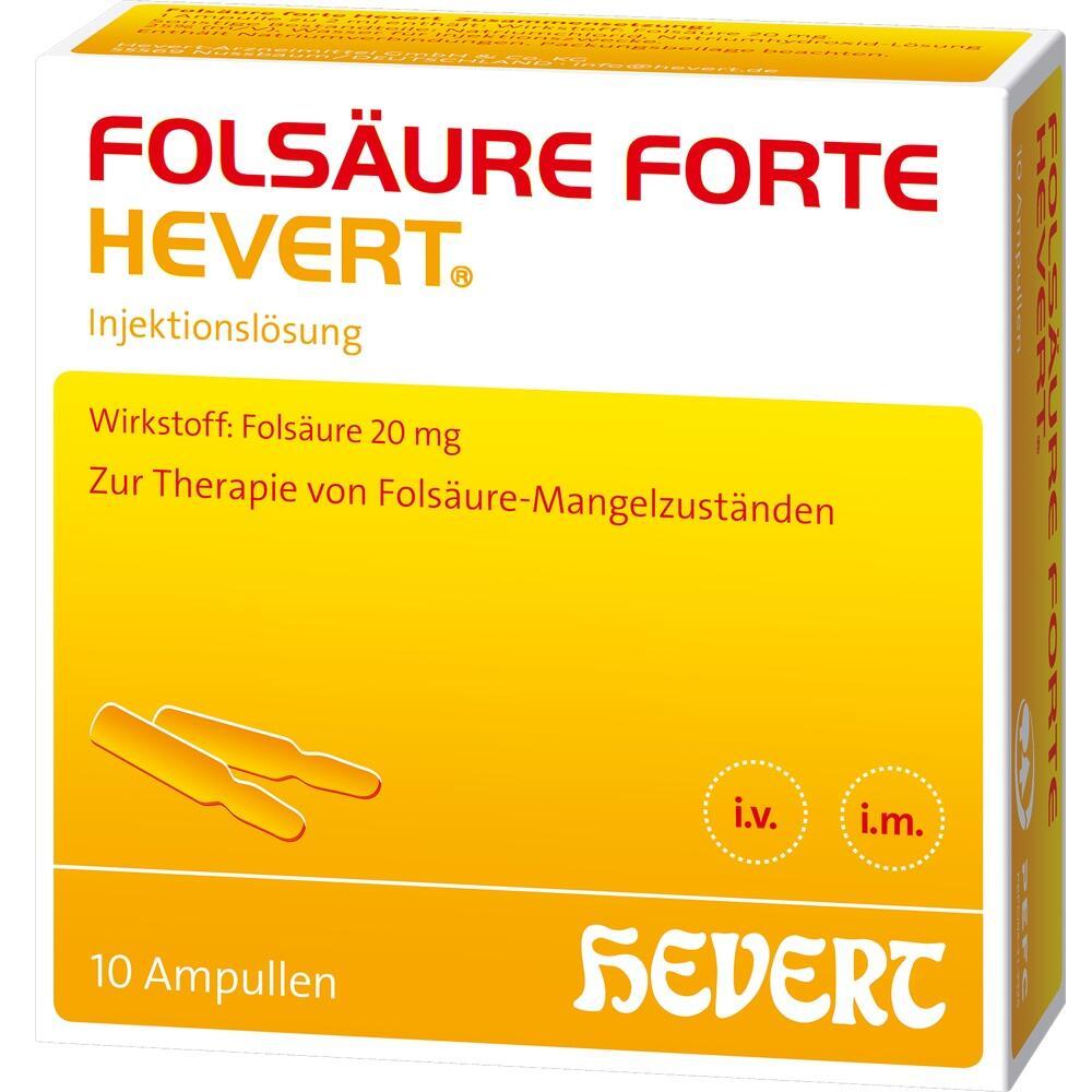 Gelbe Verpackung mit der Aufschrift "Fols&auml;ure Forte Hevert" und 10 Ampullen.