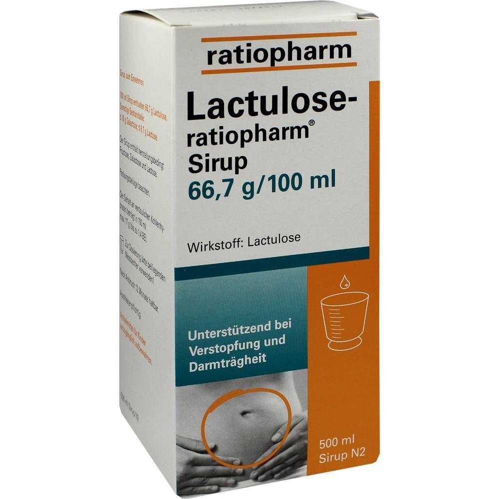 Wei&szlig;e Packung mit Lactulose-Sirup gegen Verdauungsprobleme.