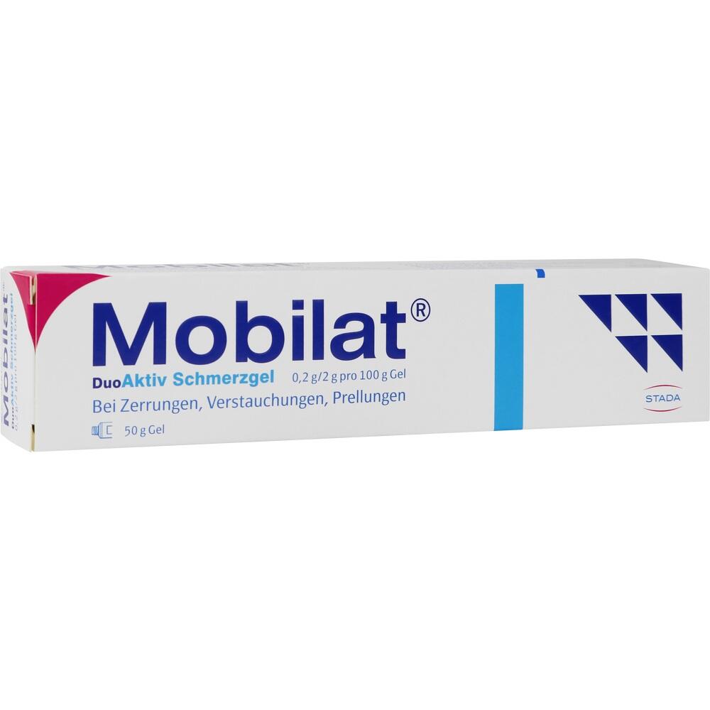 Wei&szlig;e Schachtel mit der Aufschrift "Mobilat Schmerzgel" gegen Zerrungen und Verstauchungen.
