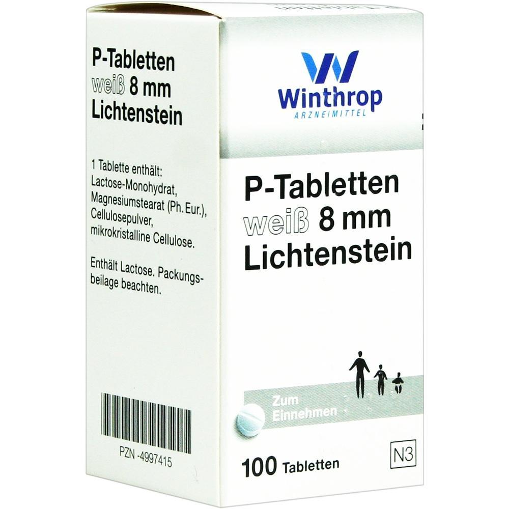 Wei&szlig;e Tablettenpackung von Winthrop mit der Aufschrift "P-Tabletten wei&szlig; 8 mm".