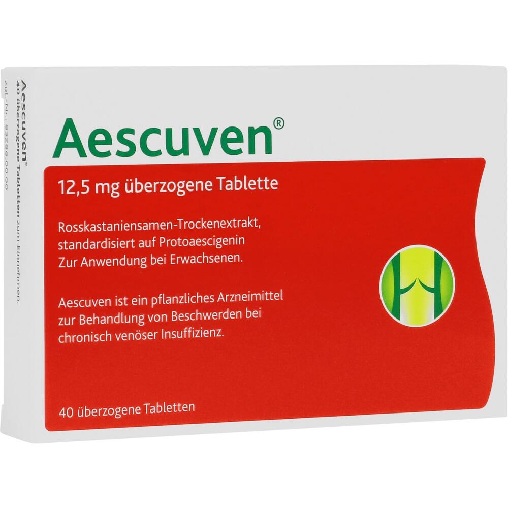 Verpackung von Aescuven-Tabletten mit pflanzlichem Wirkstoff gegen Venenschw&auml;che.