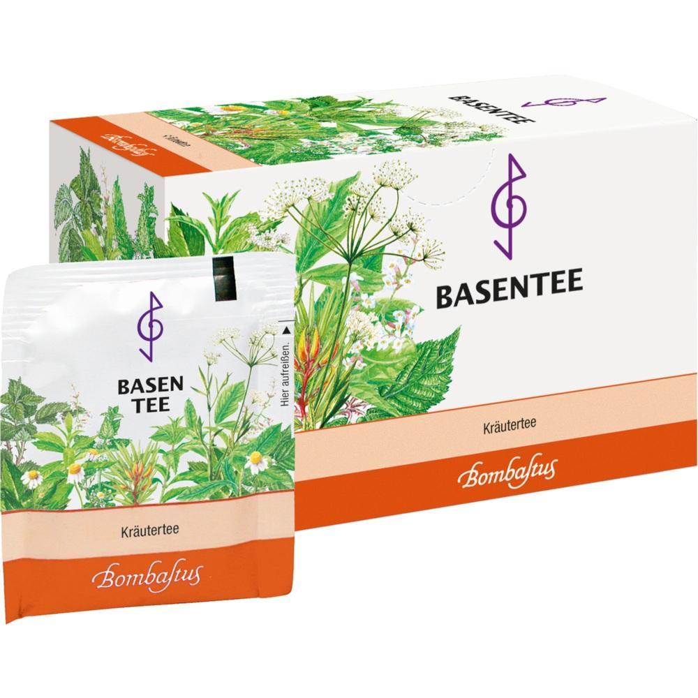 Eine Packung Basentee von Bombastus mit Kr&auml;uterdesign.