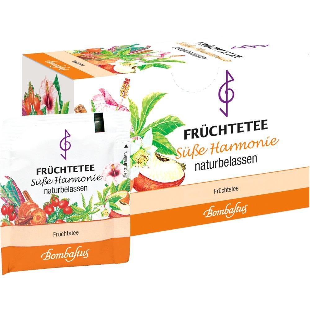 Packung Fr&uuml;chtetee mit bunten Fr&uuml;chten und Bl&auml;ttern auf der Verpackung.